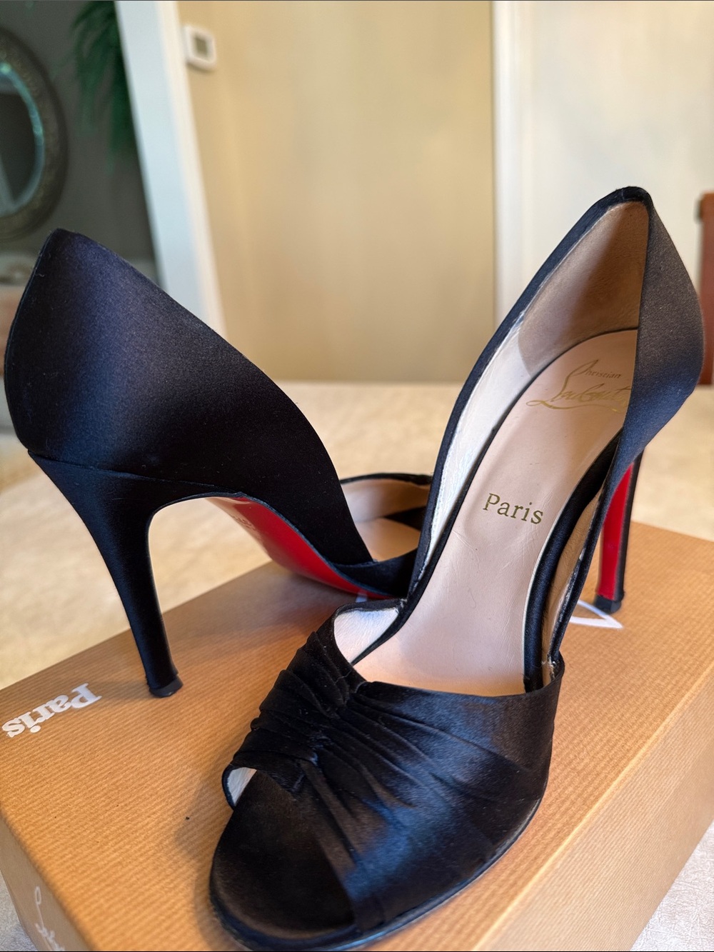 Christian Louboutin Black Satin Peep-Toe Pumps with Ruched Vamp - Picture 6 of 7